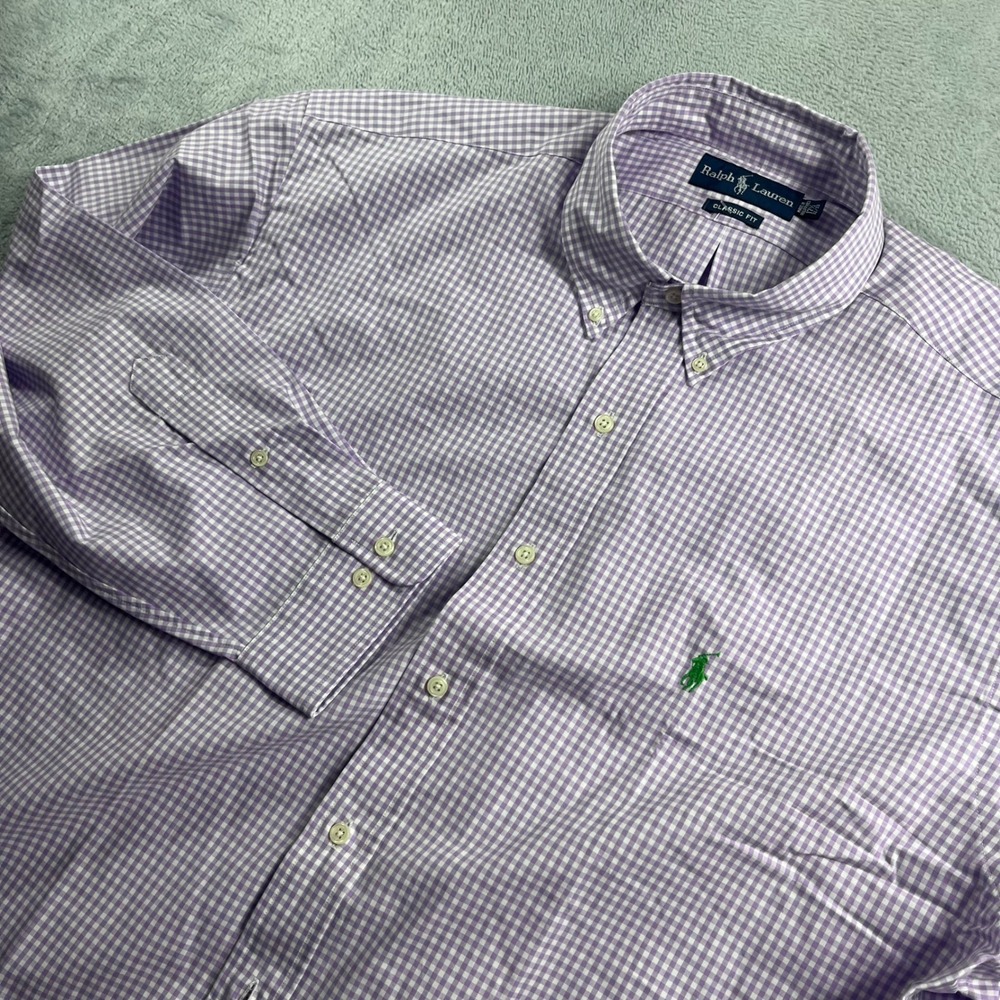 Ralph Lauren Mens Gingham Dress Shirt Purple White Classic Fit 17.5 32/33
